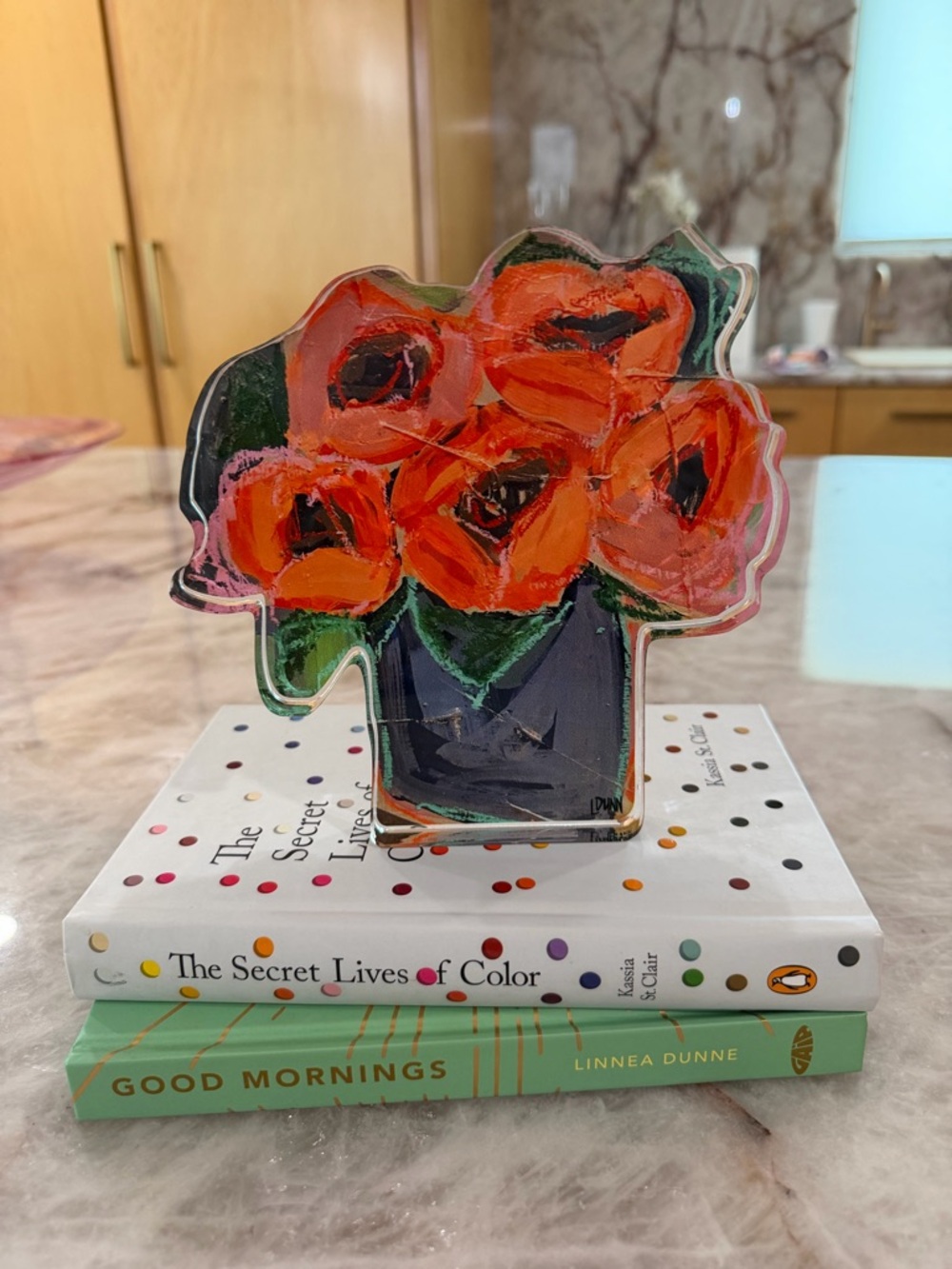 Lauren Dunn Acrylic Floral Art Block- Red Poppy Vase- Modern Lucite Decor